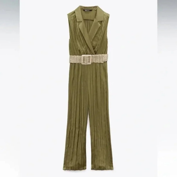 Zara Satin Effect Jumpsuit With  Belt in Olive Green NWT Size Small - Picture 4 of 12
